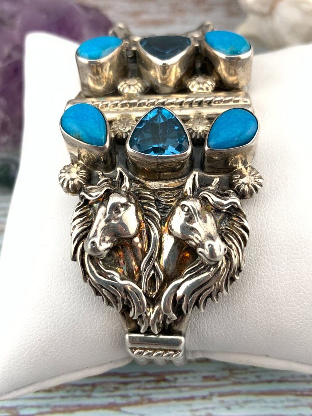 Horse Navajo Native American 925 Silver Turquoise Blue Topaz Running Bear J1424
